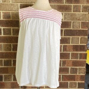 St. John's Bay White Sleeveless Tank with Pink Embroidered Yoke